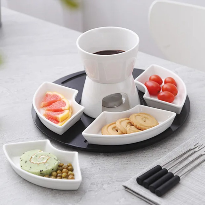Fondue Pot Ceramic - Witte geglazuurde keramische chocoladefondue set, chocolade-