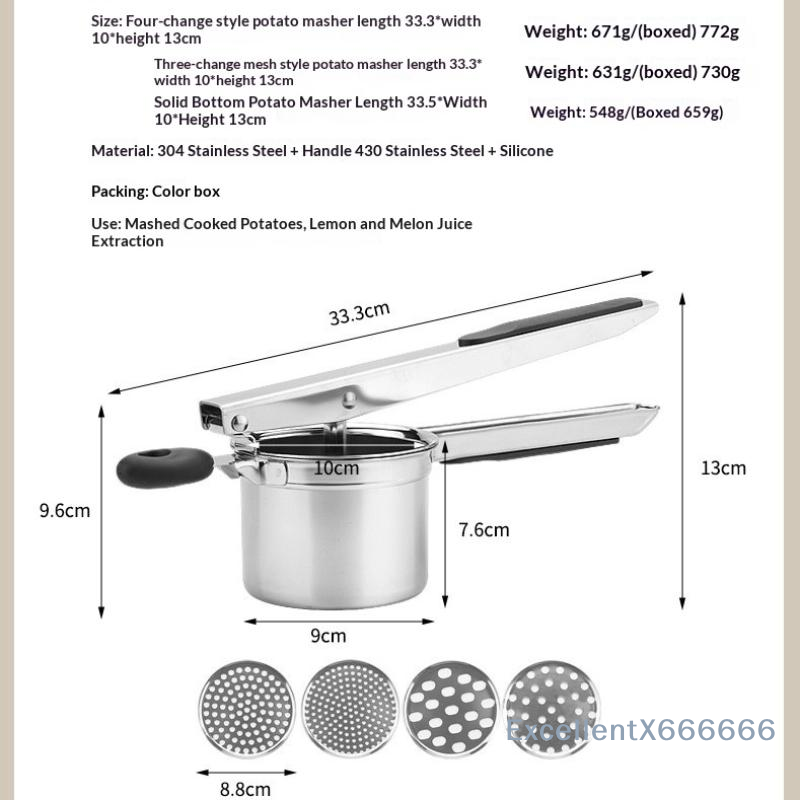 Home Cooking Restaurants - Roestvrijstalen aardappelstamper, heavy duty, antislip handvat,