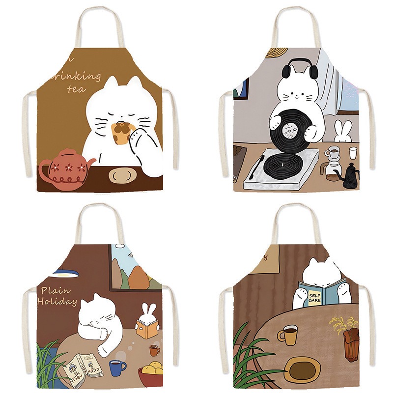 Home Cooking Cafe - Schattige witte kat bedrukte schort, gezellige